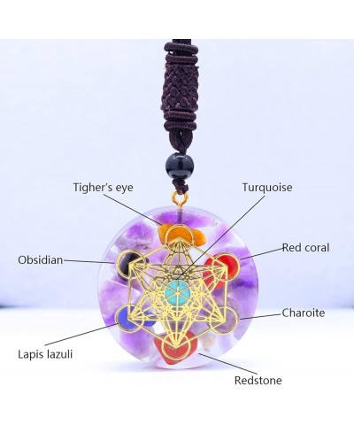 Orgonite Chakra Necklace Metatron Cube Resin Pendant With Adjustable Cord Stones Necklace Healing Energy Jewelry Light Purple...