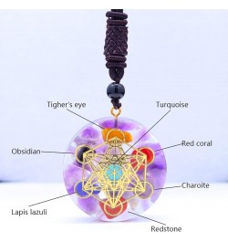 Orgonite Chakra Necklace Metatron Cube Resin Pendant With Adjustable Cord Stones Necklace Healing Energy Jewelry Light Purple...