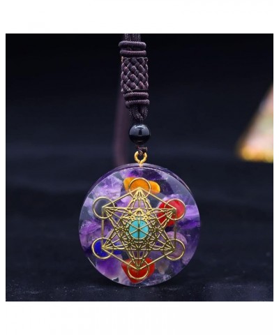 Orgonite Chakra Necklace Metatron Cube Resin Pendant With Adjustable Cord Stones Necklace Healing Energy Jewelry Light Purple...