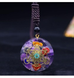 Orgonite Chakra Necklace Metatron Cube Resin Pendant With Adjustable Cord Stones Necklace Healing Energy Jewelry Light Purple...