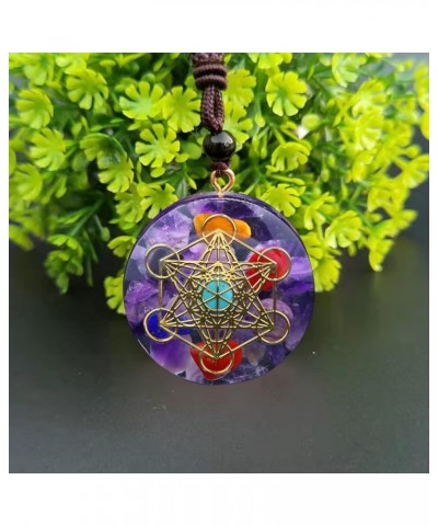 Orgonite Chakra Necklace Metatron Cube Resin Pendant With Adjustable Cord Stones Necklace Healing Energy Jewelry Light Purple...