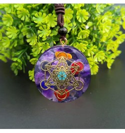 Orgonite Chakra Necklace Metatron Cube Resin Pendant With Adjustable Cord Stones Necklace Healing Energy Jewelry Light Purple...