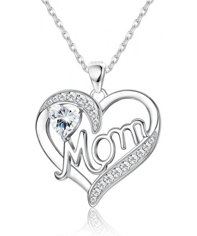 Love Heart Mom Necklace 925 Sterling Silver Birthstone Pendant Necklaces Birthday Mother's Day Jewelry Gift for Women April-U...