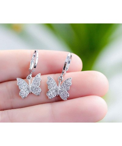 Charm Butterfly Hoop Earrings,14K Gold Silver Crystal Butterfly Drop Dangle Earrings for Women Teen Girls silver $7.97 Earrings