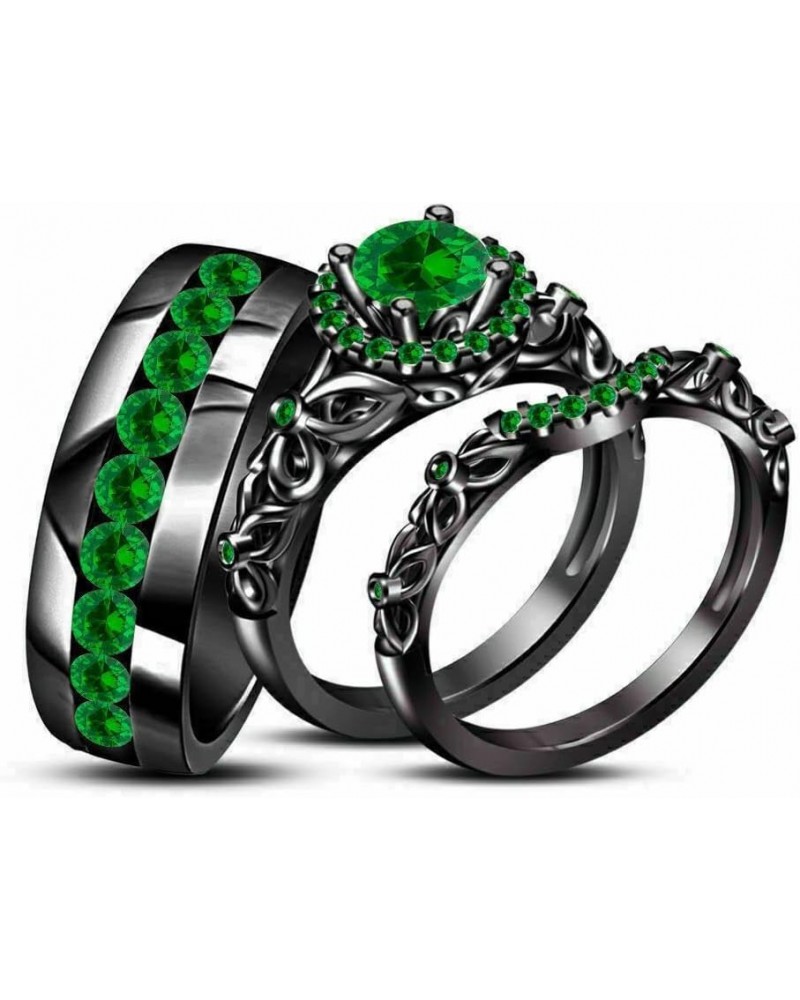 Triostar Round Cut Green Emerald Engagement Wedding Trio Ring Set for Him & Her 14K Black Gold Plated 925 Silver Women's Size...