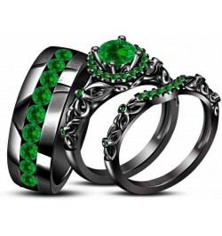 Triostar Round Cut Green Emerald Engagement Wedding Trio Ring Set for Him & Her 14K Black Gold Plated 925 Silver Women's Size...