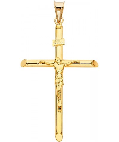 14K Yellow Gold Jesus Engraved Cross Pendant - 42 x 28 MM Tubular Catholic Crucifix Charm - 14K Gold Stamped Fine Jewelry $95...