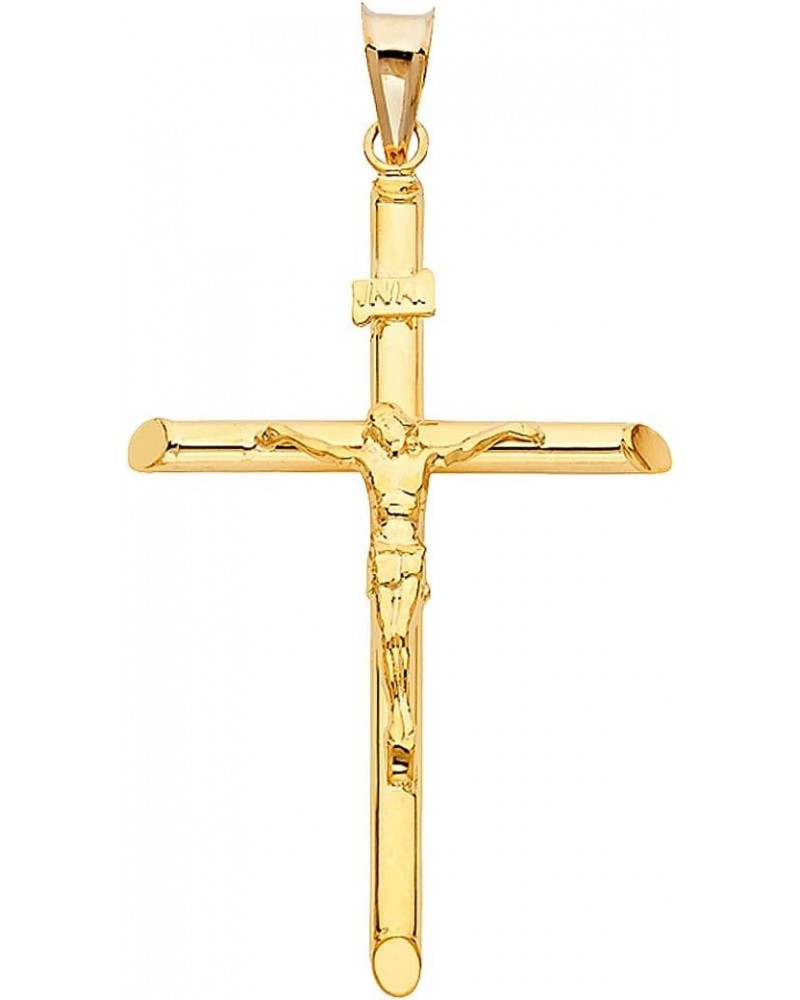 14K Yellow Gold Jesus Engraved Cross Pendant - 42 x 28 MM Tubular Catholic Crucifix Charm - 14K Gold Stamped Fine Jewelry $95...