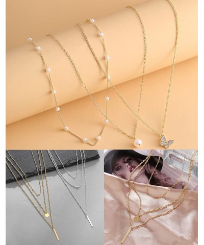 6Pcs Chain Gold Bead Necklace for Women Heart Star Lock Butterfly Pearl Glitter Pendant Chain Choker Multilayer Necklace Set ...