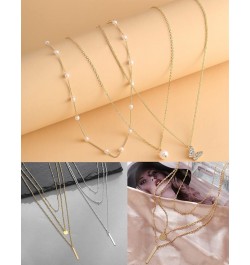 6Pcs Chain Gold Bead Necklace for Women Heart Star Lock Butterfly Pearl Glitter Pendant Chain Choker Multilayer Necklace Set ...