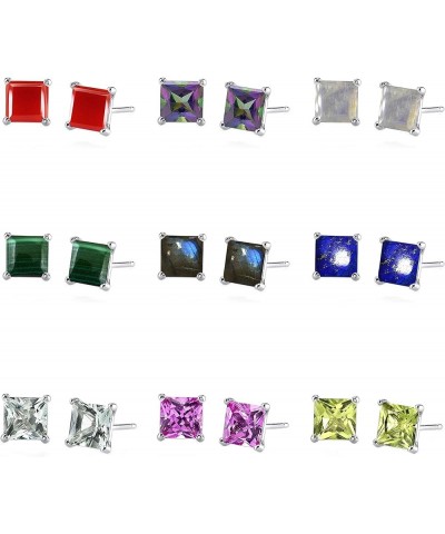 Choose Your Gemstones Sterling Silver Stud Earrings for Women Girls, Designer Princess Cut 4-Prong Basket Set, Post with fric...