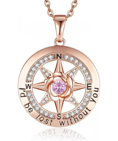 925 Sterling Silver Compass Rose Necklace with 18k Rose Gold Filled, 5A Cubic Zirconia Birthstone, 'I'd Be Lost Without You' ...