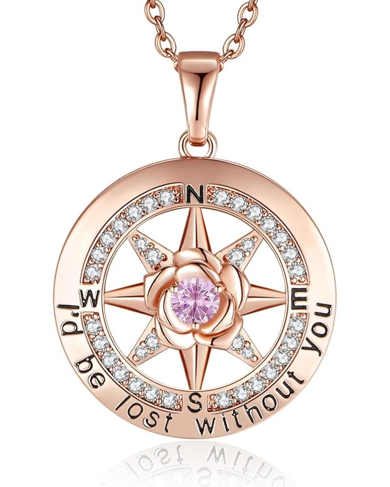 925 Sterling Silver Compass Rose Necklace with 18k Rose Gold Filled, 5A Cubic Zirconia Birthstone, 'I'd Be Lost Without You' ...