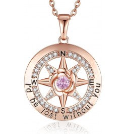 925 Sterling Silver Compass Rose Necklace with 18k Rose Gold Filled, 5A Cubic Zirconia Birthstone, 'I'd Be Lost Without You' ...