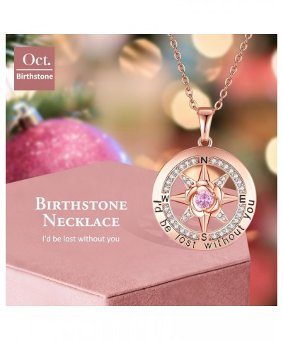 925 Sterling Silver Compass Rose Necklace with 18k Rose Gold Filled, 5A Cubic Zirconia Birthstone, 'I'd Be Lost Without You' ...