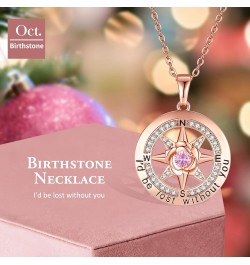 925 Sterling Silver Compass Rose Necklace with 18k Rose Gold Filled, 5A Cubic Zirconia Birthstone, 'I'd Be Lost Without You' ...