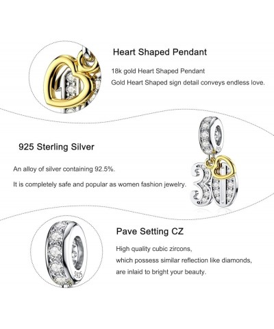 16 18 21 30 40 50 60 Birthday Charm Fit Pandora Charm Bracelets 925 Sterling Silver Pendants Beads with 18K Gold Heart Shaped...