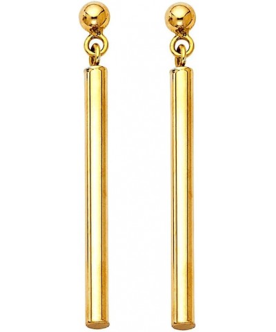 14K Gold Dainty Minimalist Modern Polished Finish Plain Round Bar Dangle Elongated Drop Post Earrings 33.0 Millimeters Yellow...