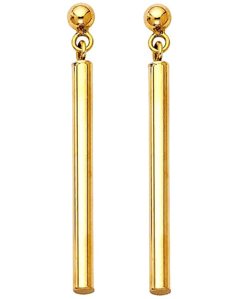 14K Gold Dainty Minimalist Modern Polished Finish Plain Round Bar Dangle Elongated Drop Post Earrings 33.0 Millimeters Yellow...