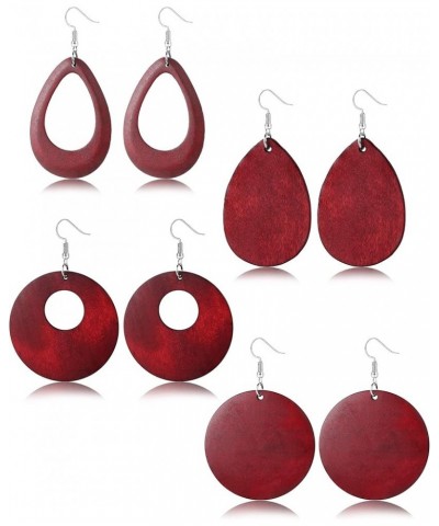 4 Pairs Statement Dangle Earrings for Women Girls Ethnic Wood Drop Earrings Stainless Steel Stud C:Red $8.69 Earrings