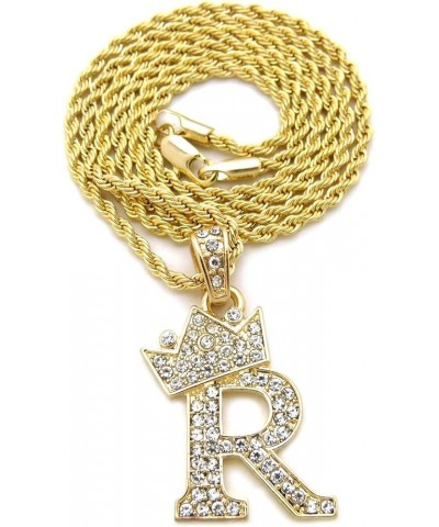 Unisex Small Pave Crowned Initial Alphabet Letter Pendant 24 inches Rope Chain Necklace in Gold Silver Tone R - Gold Tone $13...