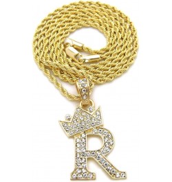 Unisex Small Pave Crowned Initial Alphabet Letter Pendant 24 inches Rope Chain Necklace in Gold Silver Tone R - Gold Tone $13...