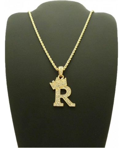 Unisex Small Pave Crowned Initial Alphabet Letter Pendant 24 inches Rope Chain Necklace in Gold Silver Tone R - Gold Tone $13...