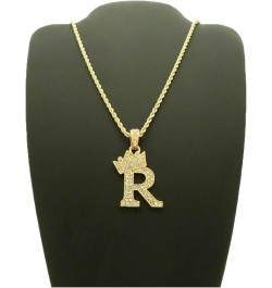 Unisex Small Pave Crowned Initial Alphabet Letter Pendant 24 inches Rope Chain Necklace in Gold Silver Tone R - Gold Tone $13...