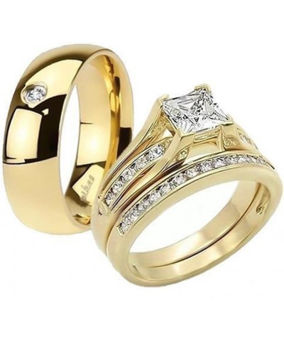 His and Her 14K Gold Plated Stainless Steel 3 Piece Wedding Engagement Ring and Men's Band Set Women's Size 10 Men's Size 05 ...