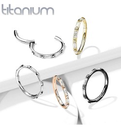 Dynamique Implant Grade Titanium Hinged Segment Hoop Ring With Rectangular "Baguette" CZ Outer Side (Sold Per Piece) L: 10mm ...