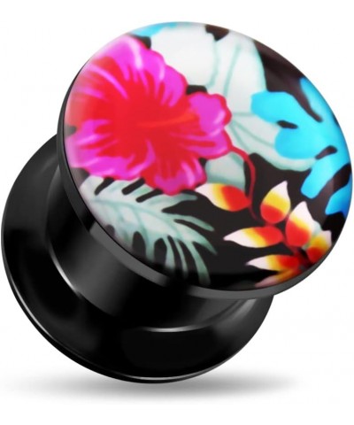 Attractive Hibiscus with leaves Logo Internally Threaded Black Acrylic Double Flared Tunnel Ear Plugs - Sold by Piece 20.0 Mi...