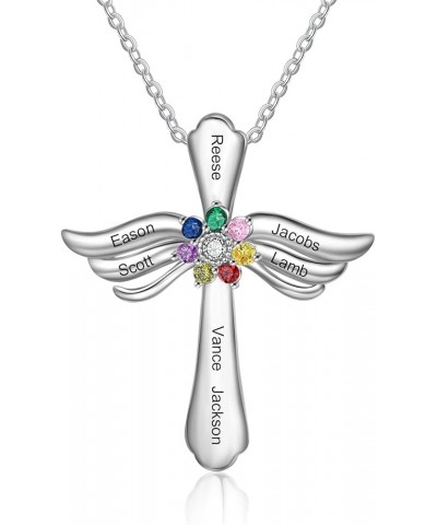 Personalized Pendant Necklace 925 Sterling Silver with 1-8 Simulated Birthstone Names Customized Love Wings Cross Necklace Fo...