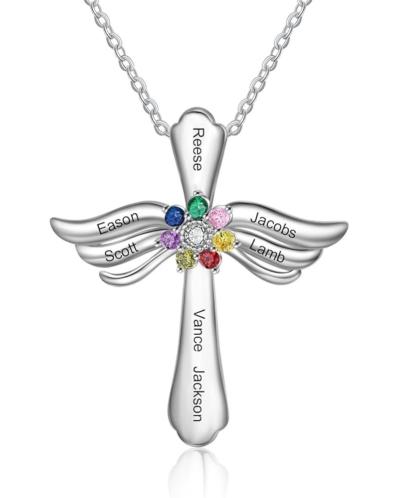 Personalized Pendant Necklace 925 Sterling Silver with 1-8 Simulated Birthstone Names Customized Love Wings Cross Necklace Fo...