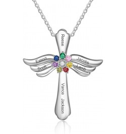 Personalized Pendant Necklace 925 Sterling Silver with 1-8 Simulated Birthstone Names Customized Love Wings Cross Necklace Fo...