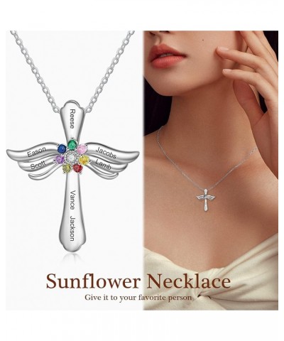 Personalized Pendant Necklace 925 Sterling Silver with 1-8 Simulated Birthstone Names Customized Love Wings Cross Necklace Fo...