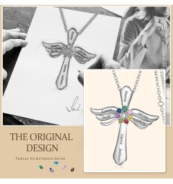 Personalized Pendant Necklace 925 Sterling Silver with 1-8 Simulated Birthstone Names Customized Love Wings Cross Necklace Fo...