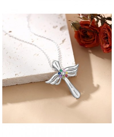 Personalized Pendant Necklace 925 Sterling Silver with 1-8 Simulated Birthstone Names Customized Love Wings Cross Necklace Fo...