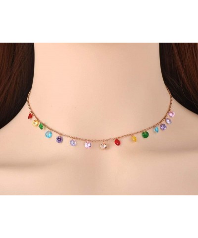 Trendy Boho Stainless Steel Colorful CZ Crystal Rainbow Choker Necklaces for Women, Dainty Rhinestone Beaded 14k Gold Chain L...