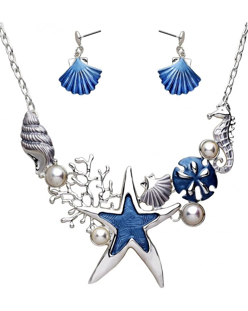 Colorful Enameled Hand Painted Starfish Sand Dollar Shell Seahorse Necklace and Earrings Set $12.72 Jewelry Sets