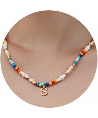 Colorful Beaded Initial Necklaces for Women Girls, Beaded Choker y2k Rainbow Beaded Necklace Gold Tiny Letter A-Z Pendant Han...