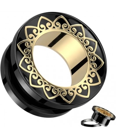 Black PVD 316L Stainless Steel Gold Filigree Rim Screw Fit Tunnel Plugs, Sold as a Pair 25mm (1") $10.12 Body Jewelry