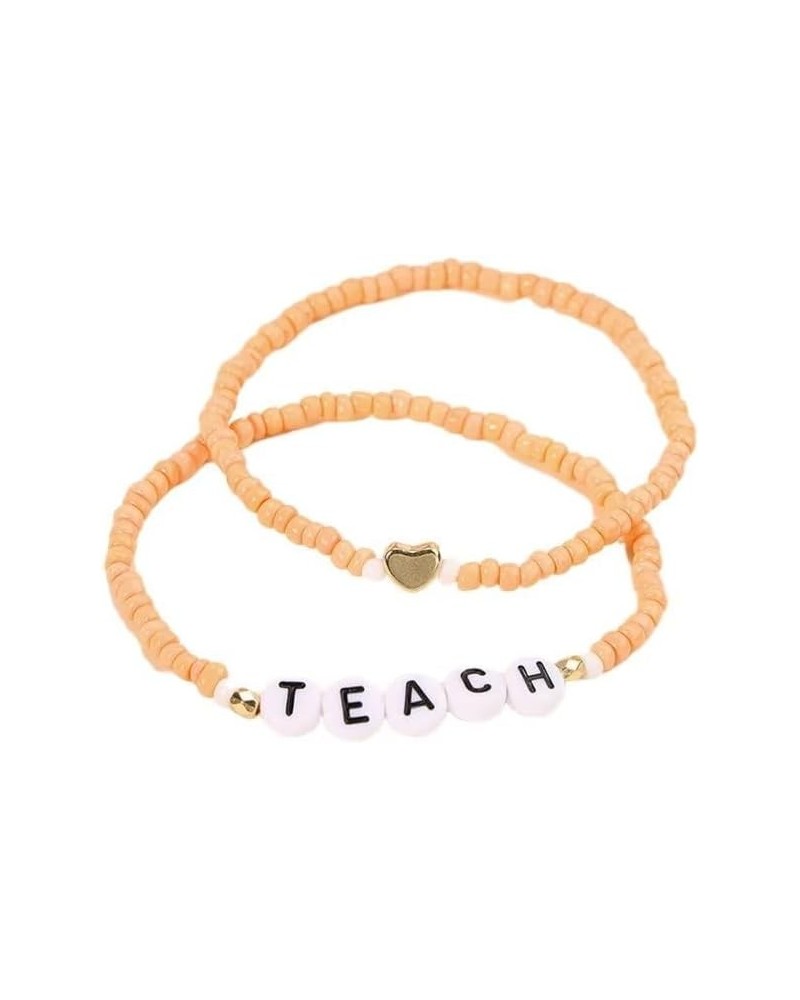 2 Pcs Teacher Beaded Bracelet Stackable Elastic Beaded Love Teach Heart Bracelets For Women Girls Bohemian Back To School Fas...