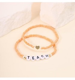 2 Pcs Teacher Beaded Bracelet Stackable Elastic Beaded Love Teach Heart Bracelets For Women Girls Bohemian Back To School Fas...