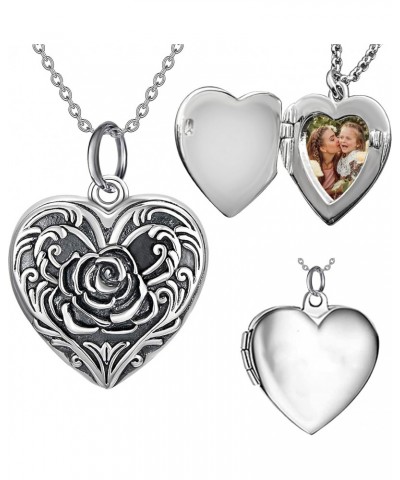 .925 Sterling Silver Color Photo Personalized Custom Cameo Rose Flower Heart Locket Pendant Charm Dangle Jewelry Necklace Hol...