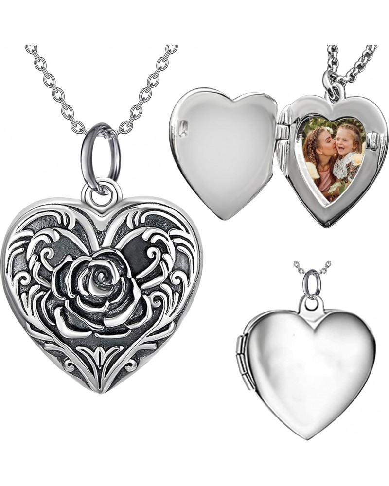 .925 Sterling Silver Color Photo Personalized Custom Cameo Rose Flower Heart Locket Pendant Charm Dangle Jewelry Necklace Hol...