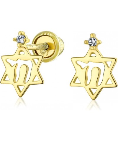 Tiny Petite Judaic Jewelry CZ Accent Real 14K Yellow Gold Hamsa Hebrew Chai Life Star Of David Judaic Stud Earrings For Women...