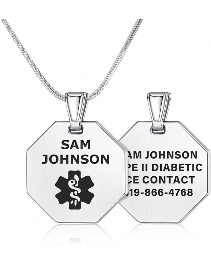 Deep Custom Laser Engraved Stainless Steel Medical Alert Necklace for Men, Octagon Tag Medical ID Necklace, Medical Pendant T...