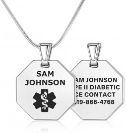 Deep Custom Laser Engraved Stainless Steel Medical Alert Necklace for Men, Octagon Tag Medical ID Necklace, Medical Pendant T...