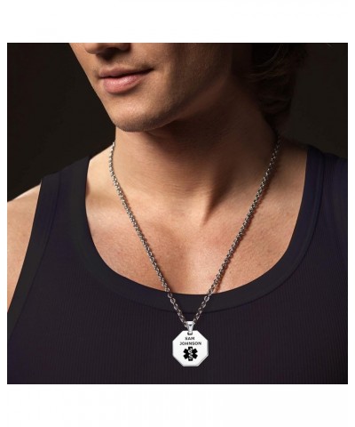 Deep Custom Laser Engraved Stainless Steel Medical Alert Necklace for Men, Octagon Tag Medical ID Necklace, Medical Pendant T...