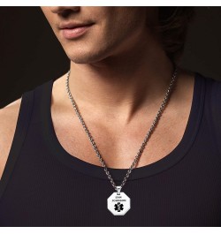 Deep Custom Laser Engraved Stainless Steel Medical Alert Necklace for Men, Octagon Tag Medical ID Necklace, Medical Pendant T...